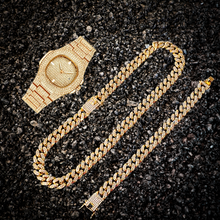 Load image into Gallery viewer, Step Onto the Scene With This Gold Matching Iced Out Necklace, Watch and Bracelet Set
