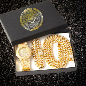 Step Onto the Scene With This Gold Matching Iced Out Necklace, Watch and Bracelet Set