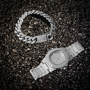 Step Onto the Scene With This White Gold Matching Iced Out Necklace, Watch and Bracelet Set